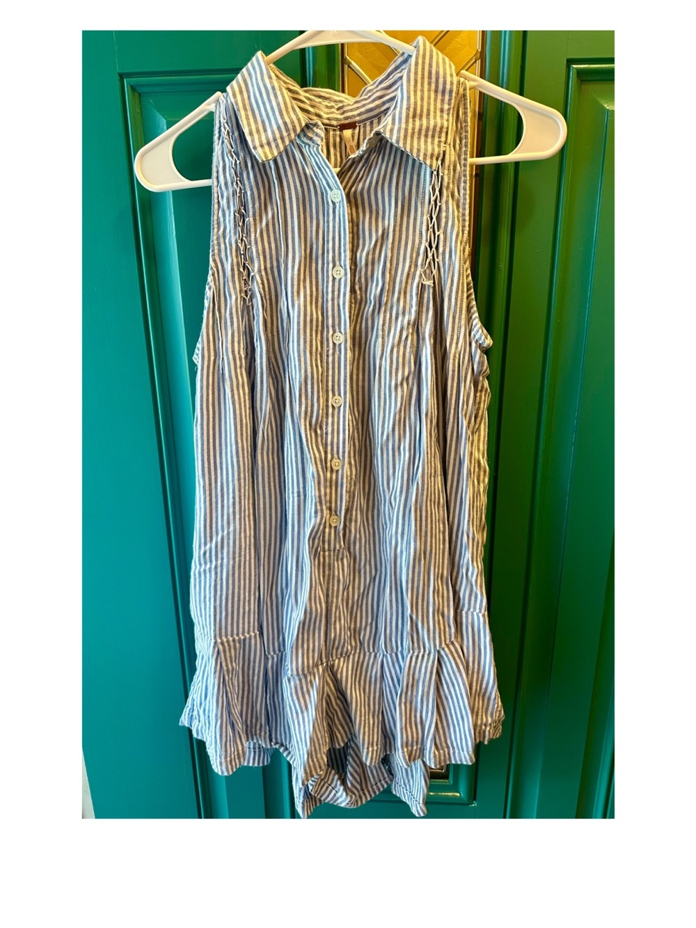 Free People Sleeveless Button-Front Striped Romper in Blue and White